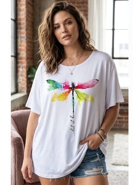 Boho Watercolor Dragonfly "Let It Be" Oversized Graphic Plus Size Soft Tee